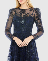 Navy Embroidered Illusion High Neck A Line Dress
